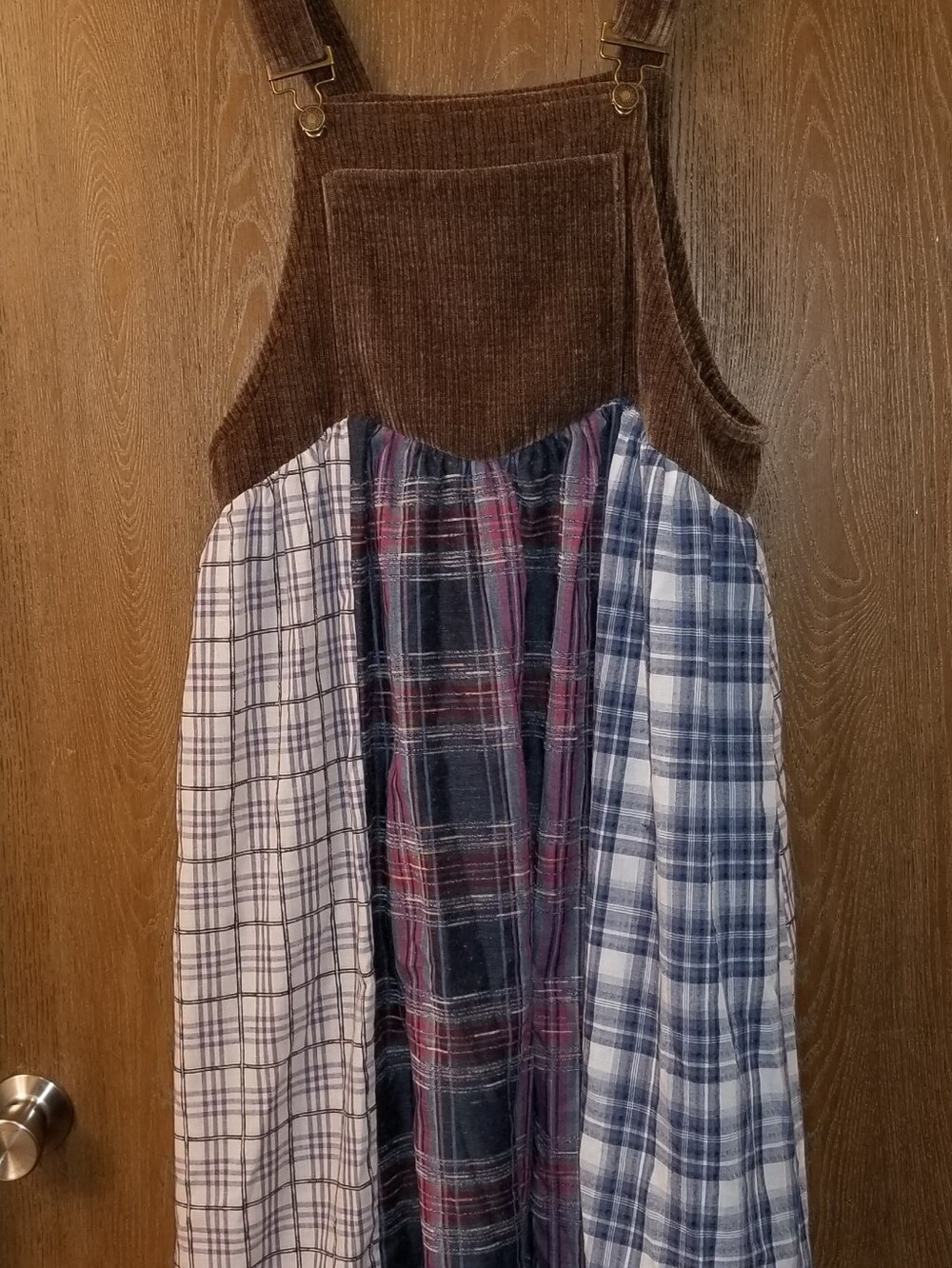 Brown Corduroy and Plaid Patchwork Pinafore Dress